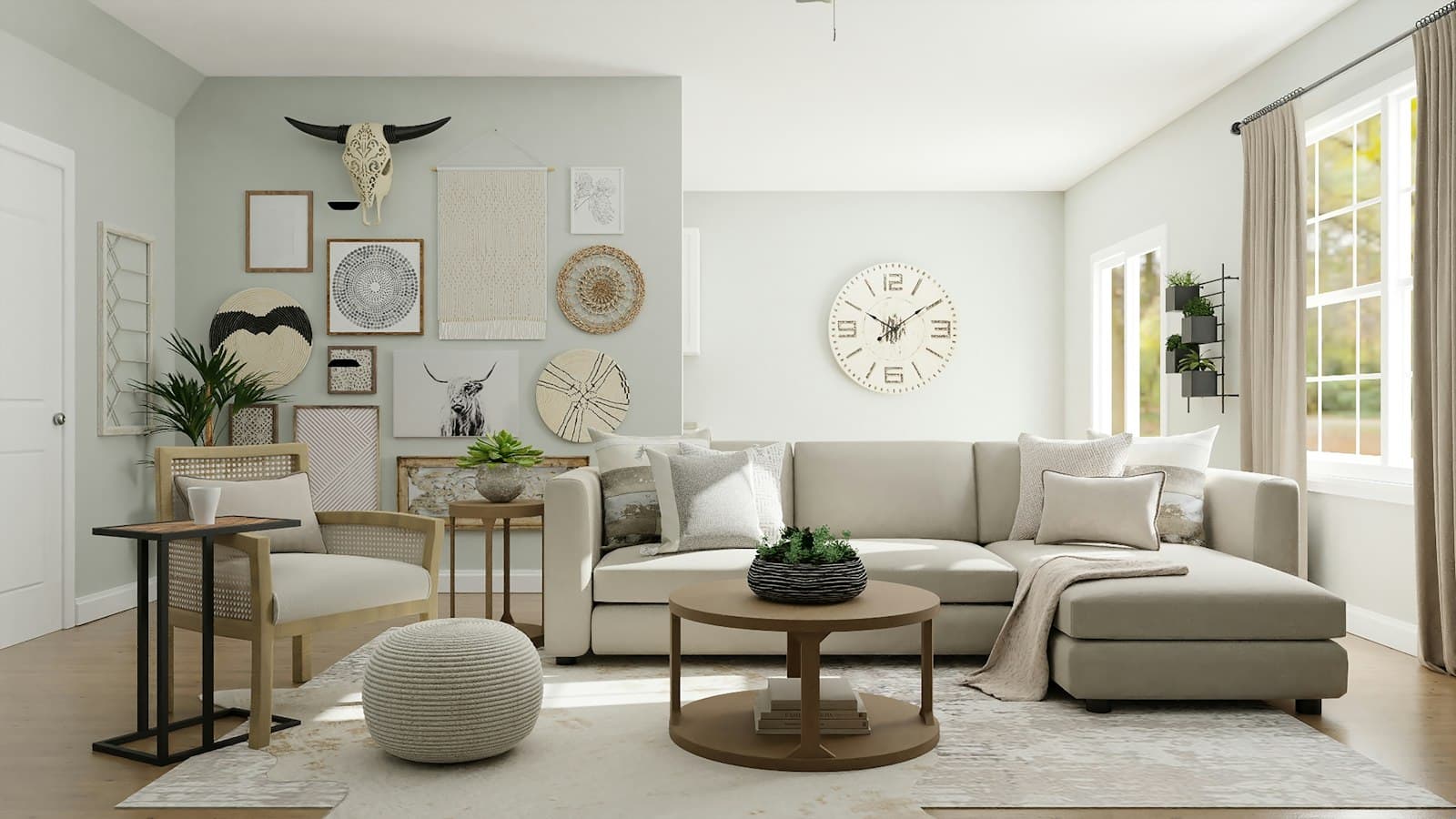 Bright, tidy living room with a sofa and coffee table