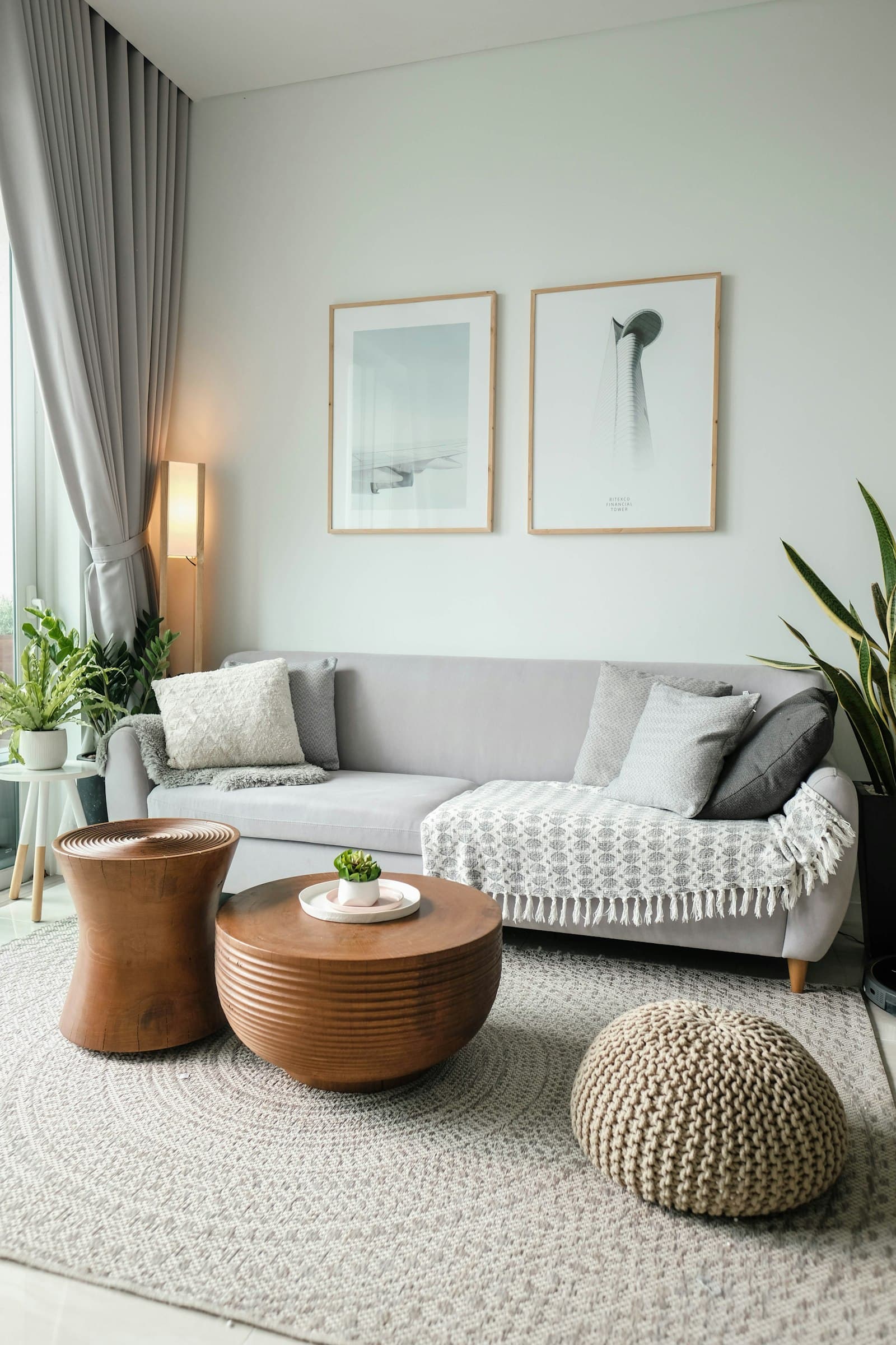 Bright living room with a sofa, rug and coffee table